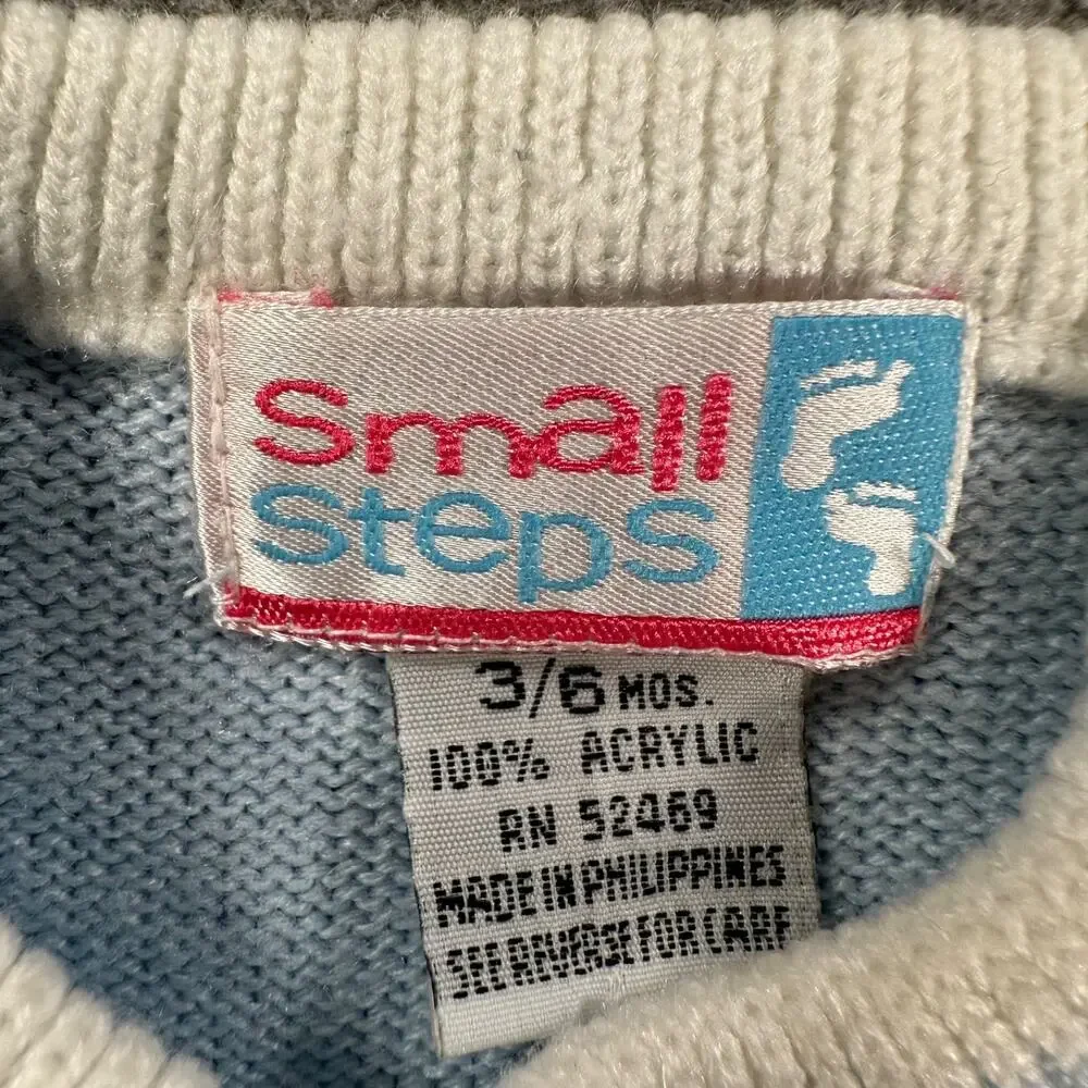 Small Steps Teddy Bear Sweater Baby Boy 3/6 Month Vintage Blue/White Knit Button